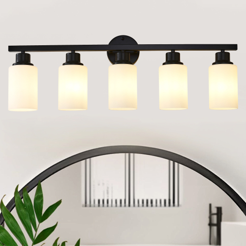 5-Light Matte Black and Wood Wall Sconce with White Glass Shades