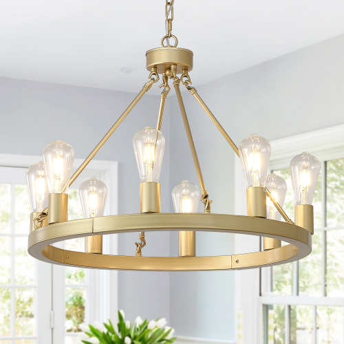 23.62-Inch Gold 8-Light Iron Wagon Wheel Chandelier with E26 Sockets