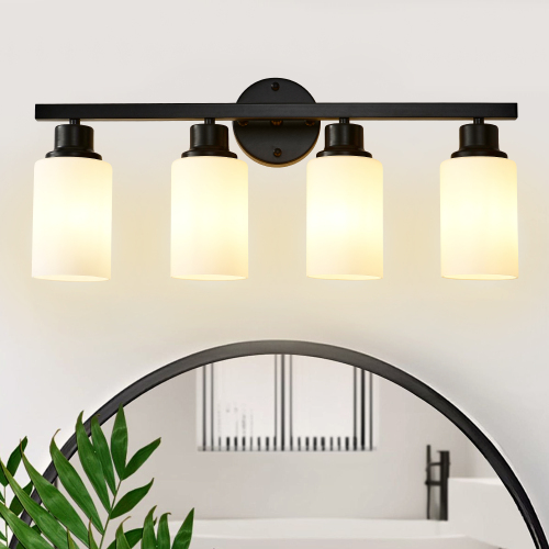 24.6-Inch 4-Light Matte Black Metal and Wood Sconce with White Glass