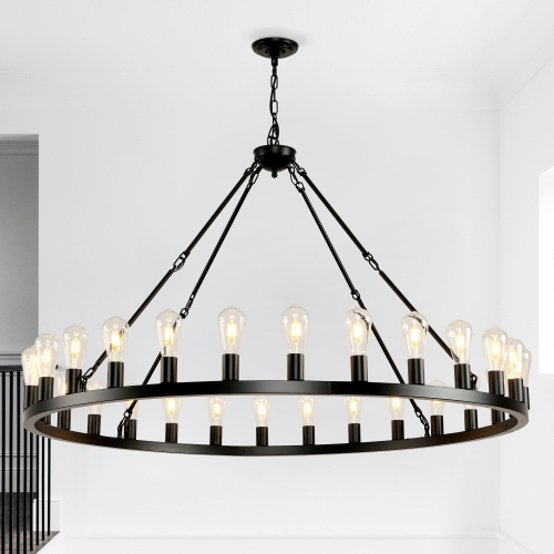 53.15-Inch Matte Black Iron 28-Light Wagon Wheel Chandelier