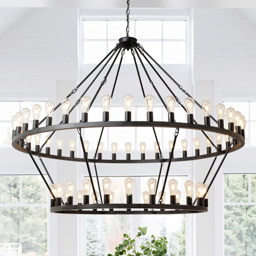 Grand 59.06-Inch Matte Black Iron 54-Light Wagon Wheel Chandelier