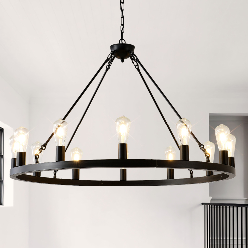 39.4-Inch Matte Black Iron 12-Light Wagon Wheel Pendant Chandelier