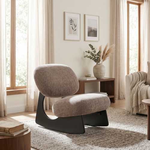 Modern Curved Hollow Base Rocking Accent Chair, Soft Textured Chenille Upholstered Armless Rocker Lounge Chair, Unique Sculptural Rocking Chair for Living Room Bedroom Nursery - Espresso - Polyester,Solid Wood