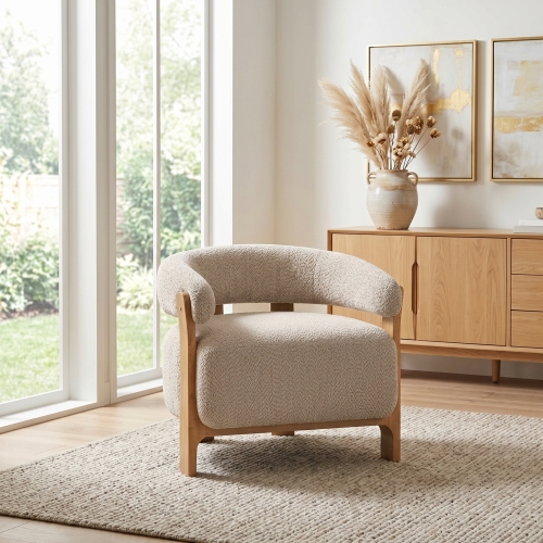 28.7" Mid-Century Modern Boucle Accent Chair with Solid Wood Frame, Curved Arm Barrel Chair, Upholstered Teddy Fleece Lounge Chair for Living Room, Bedroom & Office - Light Taupe,Natural - Boucle,Solid Wood