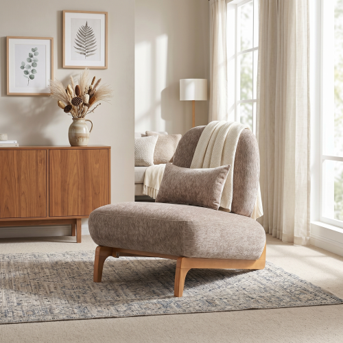 Modern Armless Accent Chair with Curved Wood Base, Linen Upholstered Slipper Chair with Lumbar Pillow, High-Back Lounge Chair for Living Room, Bedroom & Reading Nook, - Espresso,Natural - Polyester,Solid Wood