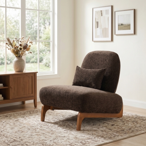 Modern Armless Accent Chair with Curved Wood Base, Linen Upholstered Slipper Chair with Lumbar Pillow, High-Back Lounge Chair for Living Room, Bedroom & Reading Nook, - Dark Brown,Natural - Polyester,Solid Wood