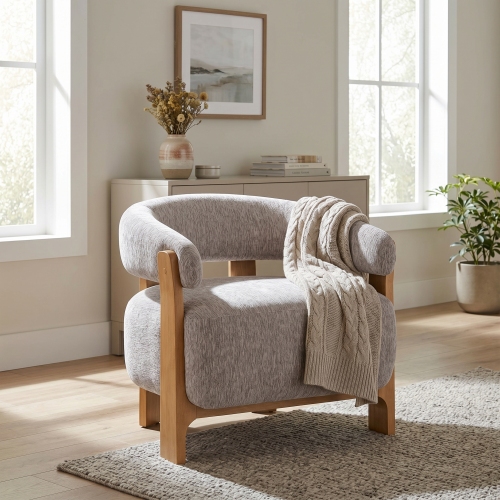 28.7" Mid-Century Modern Boucle Accent Chair with Solid Wood Frame, Curved Arm Barrel Chair, Upholstered Teddy Fleece Lounge Chair for Living Room, Bedroom & Office - Almond,Natural - Polyester,Solid Wood