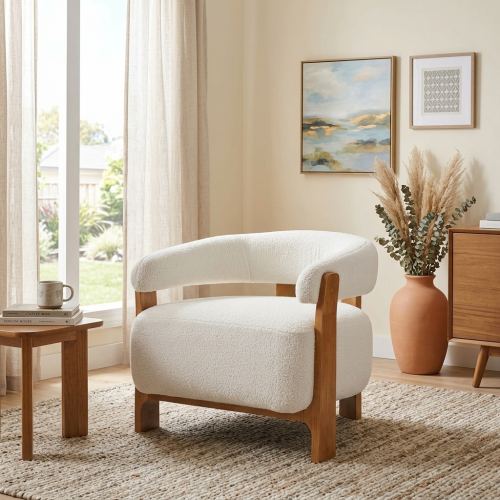 Mid-Century Modern Boucle Accent Chair with Solid Wood Frame, Curved Arm Barrel Chair, Upholstered Teddy Fleece Lounge Chair for Living Room, Bedroom & Office - Off-White+Natural - Boucle,Solid Wood