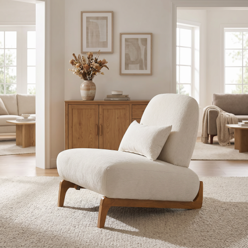 Modern Armless Accent Chair with Curved Wood Base, Linen Upholstered Slipper Chair with Lumbar Pillow, High-Back Lounge Chair for Living Room, Bedroom & Reading Nook, Cream White - Off-White+Natural - Boucle,Solid Wood