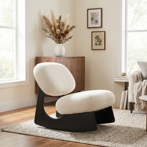 Modern Curved Hollow Base Rocking Accent Chair, Soft Textured Chenille Upholstered Armless Rocker Lounge Chair, Unique Sculptural Rocking Chair for Living Room Bedroom Nursery - Off-White+Black - Polyester,Solid Wood
