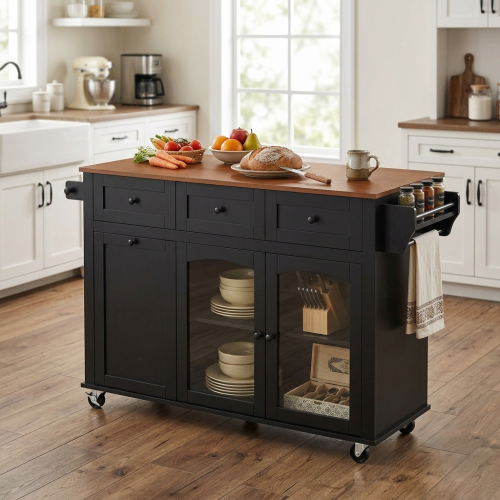 54.2'' Mobile Kitchen Island with Glass Door Storage & Trash Bin Cabinet, Open Shelves, Rolling Kitchen Cart with Towel Rack, Spice Rack & Knife Holder, Functional Prep Table for Kitchen - Black - MDF+glass