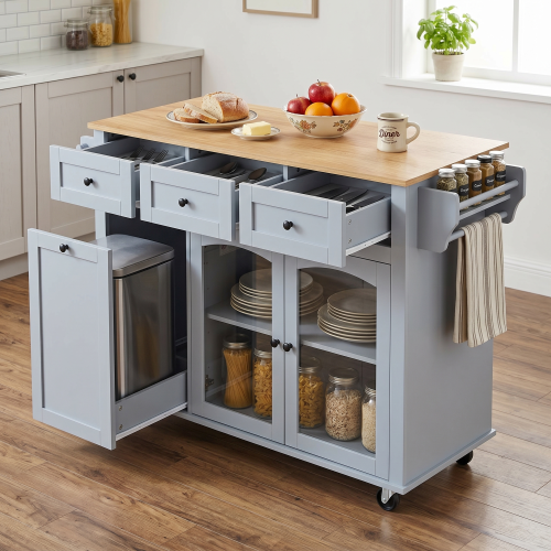 54.2'' Mobile Kitchen Island with Glass Door Storage & Trash Bin Cabinet, Open Shelves, Rolling Kitchen Cart with Towel Rack, Spice Rack & Knife Holder, Functional Prep Table for Kitchen - Blue Gray - MDF,Tempered Glass
