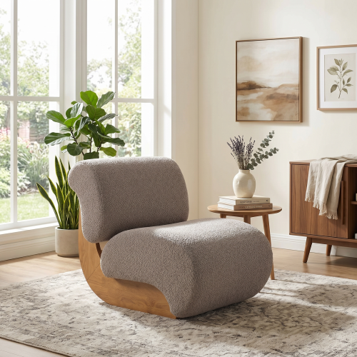 28" Modern Curved Boucle Accent Chair, Mid-Century Armless Lounge Chair with Solid Wood Base, Ergonomic Upholstered Slipper Chair for Living Room, Bedroom, Reading Nook - Light beige - Boucle,Solid Wood
