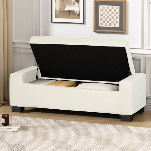 50-Inch White Polyester Upholstered Storage Ottoman Bench with Lid
