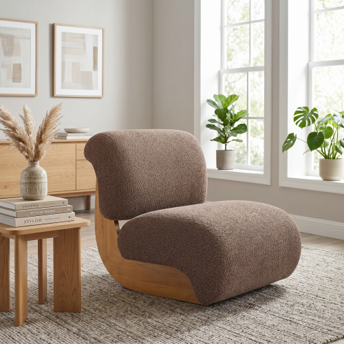 28" Modern Curved Boucle Accent Chair, Mid-Century Armless Lounge Chair with Solid Wood Base, Ergonomic Upholstered Slipper Chair for Living Room, Bedroom, Reading Nook - Brown - Boucle,Solid Wood