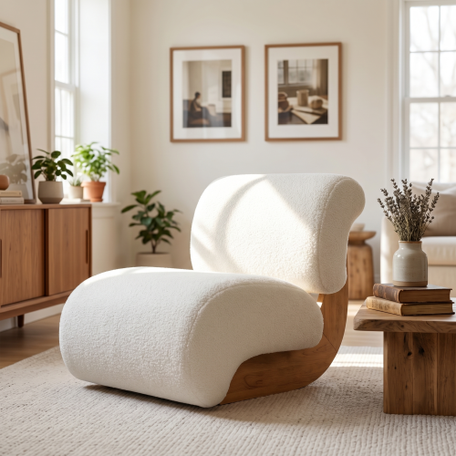 28" Modern Curved Boucle Accent Chair, Mid-Century Armless Lounge Chair with Solid Wood Base, Ergonomic Upholstered Slipper Chair for Living Room, Bedroom, Reading Nook - Natural+Beige - Boucle,Solid Wood