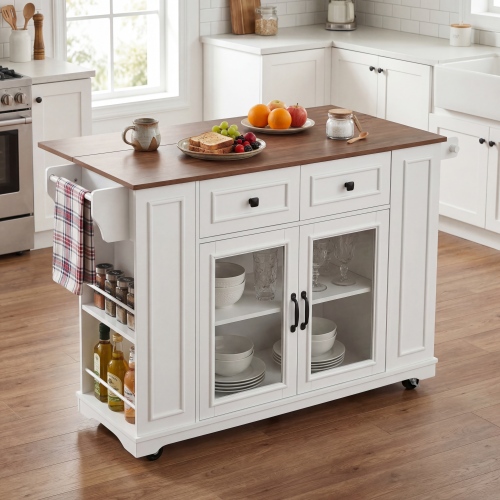 54" Mobile Kitchen Island with Glass Door Storage, Power Outlet & Open Shelves, Rolling Kitchen Cart with Towel Rack, Spice Rack & Knife Holder, Functional Kitchen Prep Table for Kitchen, Dining - White+Walnut - Temptered Glass+Stainless Steel+ MDF