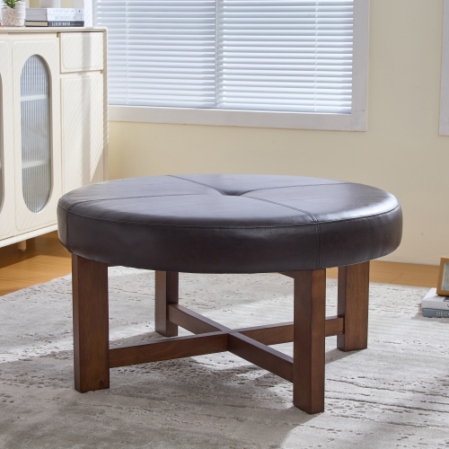 Round Leather Ottoman Coffee Table with Solid Wood Base, Tufted Faux Leather Upholstered Footrest, Dark Brown Top with Walnut Finish Legs - Dark Brown,Walnut - PU,Rubber Wood