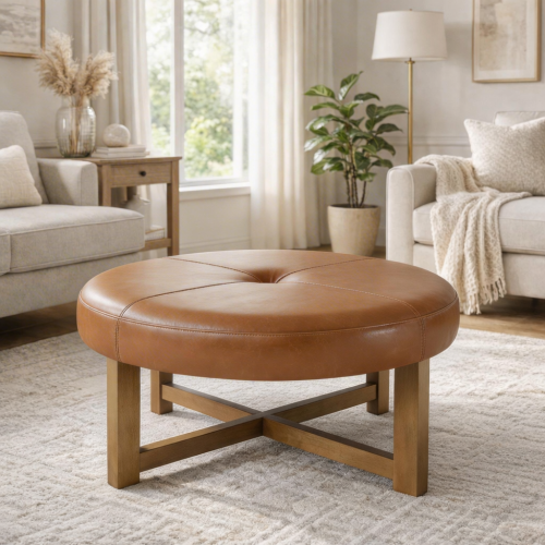 Round Leather Ottoman Coffee Table with Solid Wood Base, Tufted Faux Leather Upholstered Footrest, Brown Top with Walnut Finish Legs - Light Brown,Walnut - PU,Rubber Wood