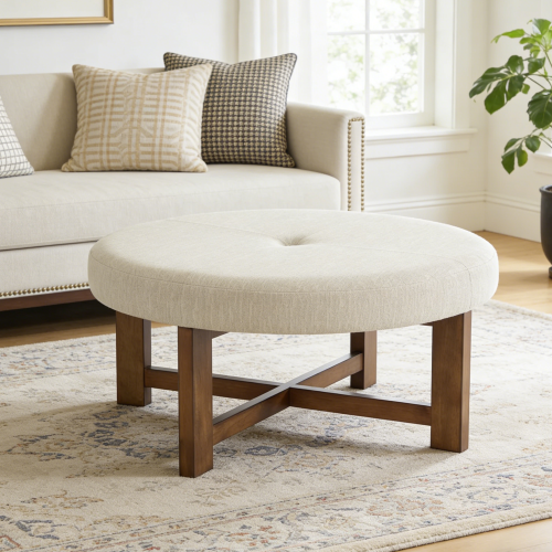 Beige Fabric Round Ottoman with Solid Wood Cross Base, 35" Coffee Table Footrest in Natural Finish - Beige,Natural - Fabric,Rubber Wood