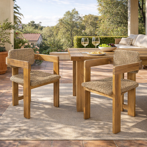 Outdoor Acacia Wood Dining Chair with Handwoven Rattan Seat and Back, Set of 2 Patio Armchair for Garden, Deck, or Balcony - Light Brown,Teak - Acacia Wood,Iron,Wicker