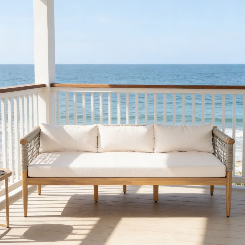 Outdoor Acacia Wood 3-Seater Sofa with Rope Woven Arms and Beige Cushions, Modern Patio Lounge Bench for Garden, Balcony, or Porch - Beige,Light Teak - Acacia Wood,Fabric,Rope