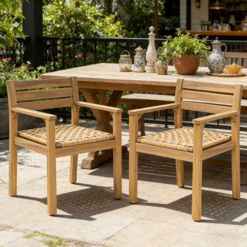 Set of 2 Outdoor Acacia Wood Dining Chairs with Woven Seats – Rustic Patio Armchairs - Light Teak - Acacia Wood,Wicker - Garden & Outdoor - Water Resistant Frame