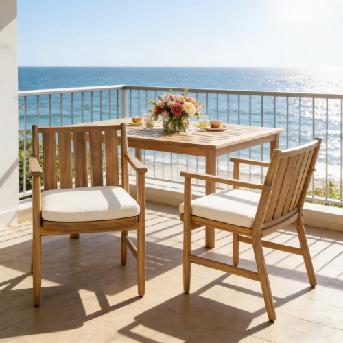 2-Piece Outdoor Acacia Wood Arm Dining Chairs with Removable Cushions - Beige,Teak - Acacia Wood,Fabric - Garden & Outdoor - Yes - Weather Resistant Frame - Fade Resistant Cushion