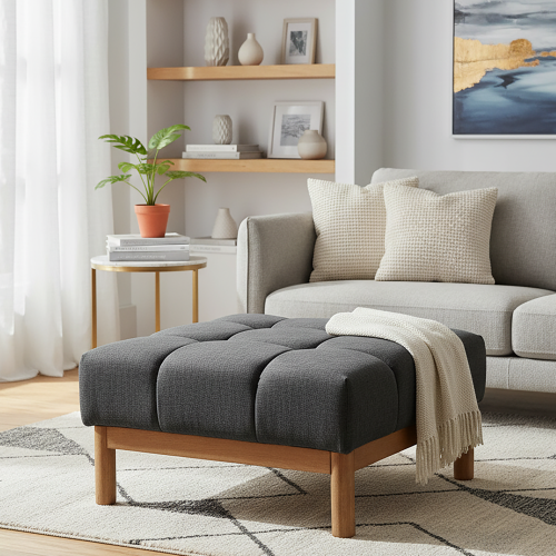 Modern Upholstered Deep Biscuit-style Tufted Ottoman,Gray Color - Fabric,Plywood,Rubber Wood - Wood - Square