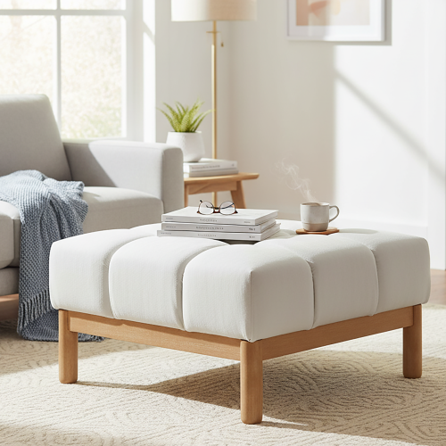 Modern Upholstered Deep Biscuit-style Tufted Ottoman,White Color - Fabric,Plywood,Rubber Wood - Nature - Square