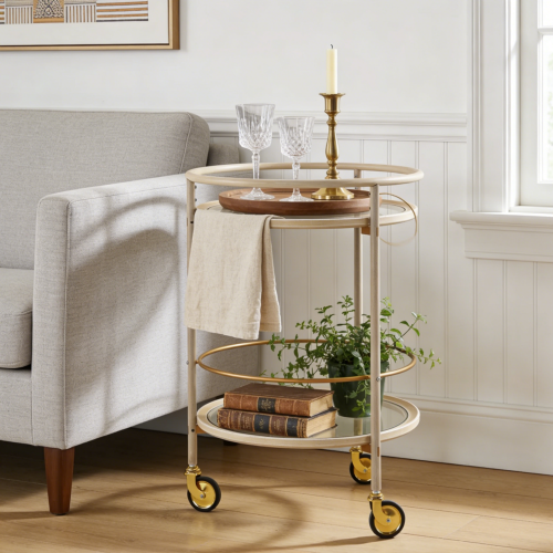 Round Bar Cart with Tempered Glass Shelves and Gold Accents,Distressed White Finish - Ancient White - Iron,Tempered Glass - Modern
