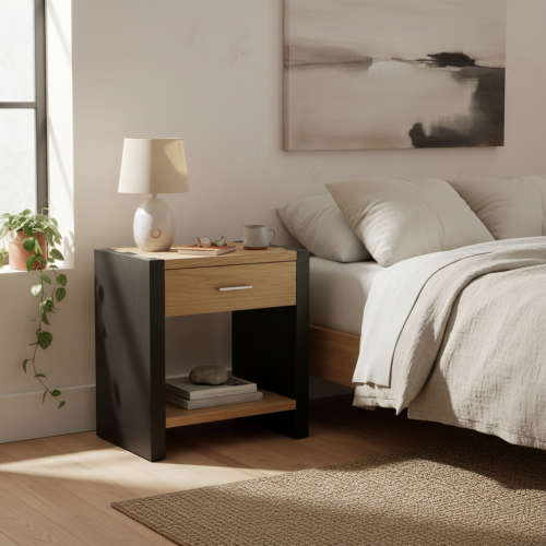 Wood Nightstand, Bedside Table Natural &Black Color - Black,Natural - MDF - 1 Drawer - Drawers - Bedside Cabinet