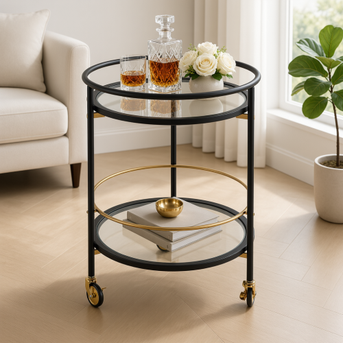 Modern Round Bar Cart with Tempered Glass Shelves and Gold Accents - Black,Gold - Iron,Tempered Glass