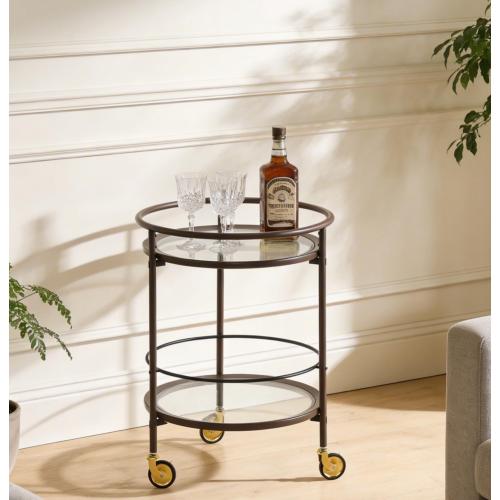 Modern Coffee Brown Round Bar Cart with Tempered Glass Shelves and Gold Locking Casters - Iron,Tempered Glass