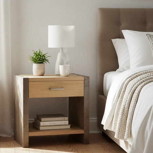 Wood Nightstand, Bedside Table Natural &Gray Color - Gray,Natural,Rust - MDF - 1 Drawer - Drawers - Bedside Cabinet