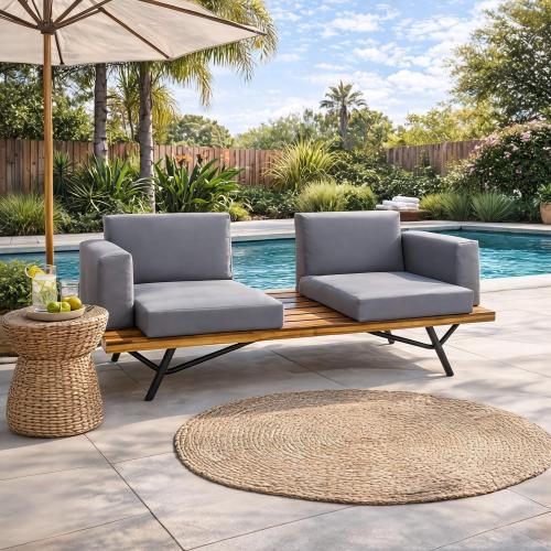 Outdoor Acacia Wood 2 Seater Sofa with Metal Legs for Garden Patio - Natural+Grey - Fabric - Grey - Fabric