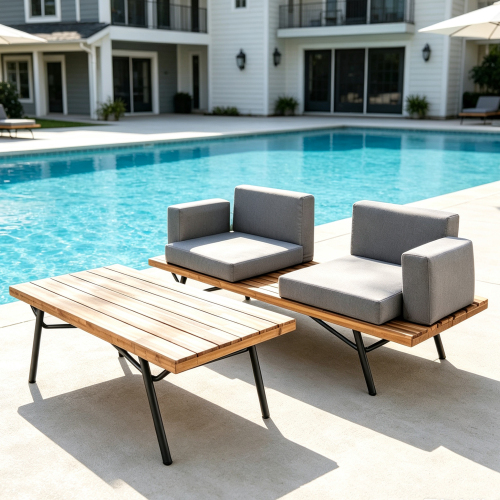 Canoga Outdoor Industrial Loveseat with Coffee Table - Natural+Grey - Fabric - Grey - Fabric