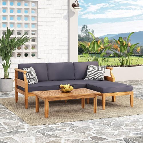 Aston Outdoor Outdoor Acacia Wood 3 Seater Sofa Chat Set with Ottoman - Teak - Seats 4