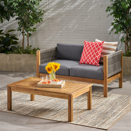 Patio Loveseat and Coffee Table Set, Patio Furniture Set with Cushion, Acacia Wood Frame Conversation Set for Garden, Backyard, Porch and Poolside, Minimalistic Style - Teak - Teak