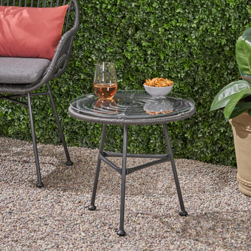 Orlando Outdoor Glass Top Faux Rattan Side Table,Tempered Glass Top End Table for Balcony Porch Deck - Grey - Iron+Plastic - Grey - Iron