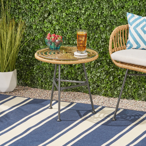 Orlando Outdoor Glass Top Faux Rattan Side Table,Tempered Glass Top End Table for Balcony Porch Deck - Light Brown - Light Brown