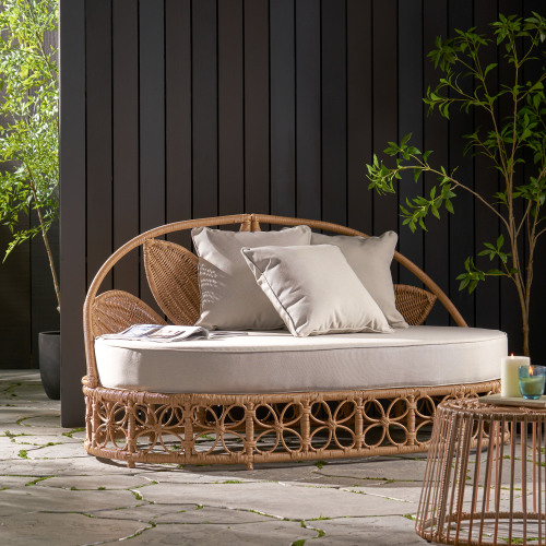Patio Furniture  Outdoor Daybed with Wicker Rattan, 60" Wide Outdoor Wicker Patio Daybed with Cushions for Lawn Garden Backyard Pool - Light Brown - Fabric