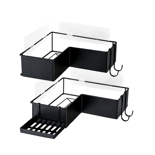 2-Pack Drill-Free Adhesive Corner Shower Caddy Organizer with Soap Holder and 4 Hooks - Matte Black - Stainless Steel