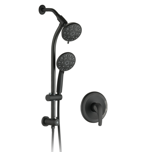 Drill-Free Stainless Steel Slide Bar Combo Rain Showerhead 7-Setting Hand, Dual Shower Head Spa System (Rough-in Valve Included) - Matte Black - ABS