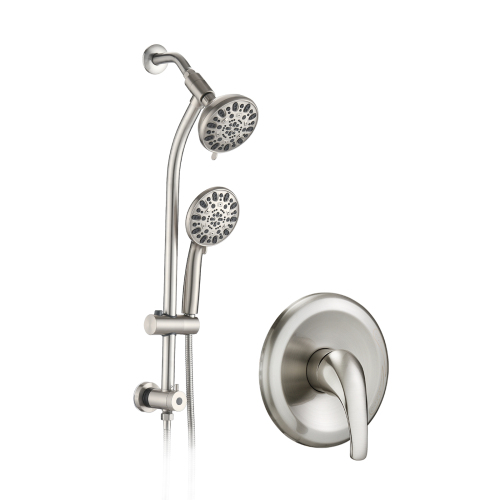 Drill-Free Stainless Steel Slide Bar Combo Rain Showerhead 7-Setting Hand, Dual Shower Head Spa System (Rough-in Valve Included) - Brushed Nickel - ABS - Brushed Nickel - ABS