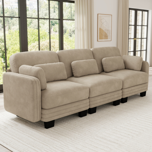 Modern Channel-Tufted 3-Seat Modular Sofa in Camel Chenille