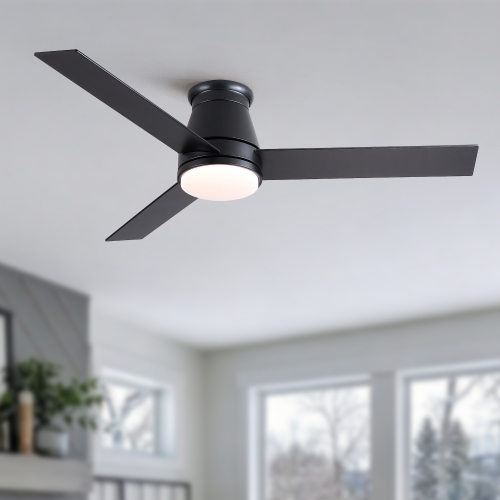 52" Low Profile Ceiling Fan with Lights and Remote, Flush Mount Matte Black Ceiling Fan, Reversible DC Motor, 3 CCT Dimmable LED Light, 6 Speed Quiet Ceiling Fan for Bedroom Living Room - Black,Dark Brown - Plywood - 52" Black Fan - 3 Black/Dark Wood Grain Blades - American Design,Farmhouse,Industrial,Minimalist,Modern