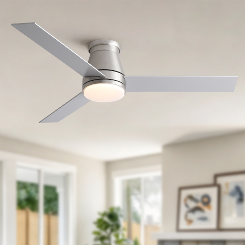 52" Low Profile Ceiling Fan with Light and Remote, Flush Mount Brushed Nickel Ceiling Fan, Reversible 6-Speed Quiet DC Motor, 3CCT Dimmable LED Light, Indoor Ceiling Fan for Bedroom Living Room - Plywood - 3 Silver/Oak Wood Grain Blades - No Wall Control - American Design,Contemporary,Farmhouse,Modern,Traditional