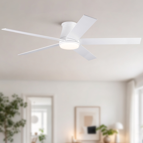 60" Flush Mount Ceiling Fan with Light, Matte White Low Profile Ceiling Fan, DC Motor Reversible 6 Speed, 3CCT Dimmable LED Light, Modern Ceiling Fan for Living Room Dining Room - Plywood - 60" White Fan - 5 White/Oak wood Grain Blades - American Design,Contemporary,Minimalist,Modern,Scandinavian