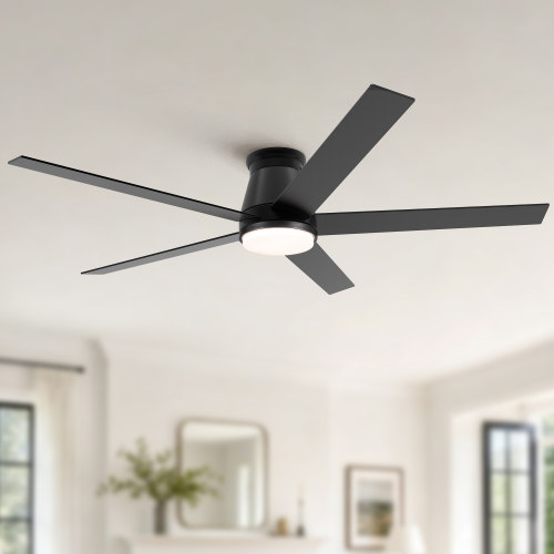 60" Flush Mount Ceiling Fan with Light, Matte Black Low Profile Ceiling Fan, DC Motor Reversible 6 Speed, 3CCT Dimmable LED Light, Modern Farmhouse Ceiling Fan for Living Room Dining Room - Plywood - 60" Black Fan - 5 All Black Blades - American Design,Contemporary,Mid-Century Modern,Minimalist,Modern